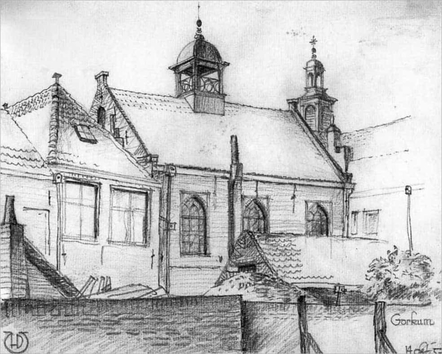 Achterzijde synagoge, tekening door H.M. den Uyl 1957