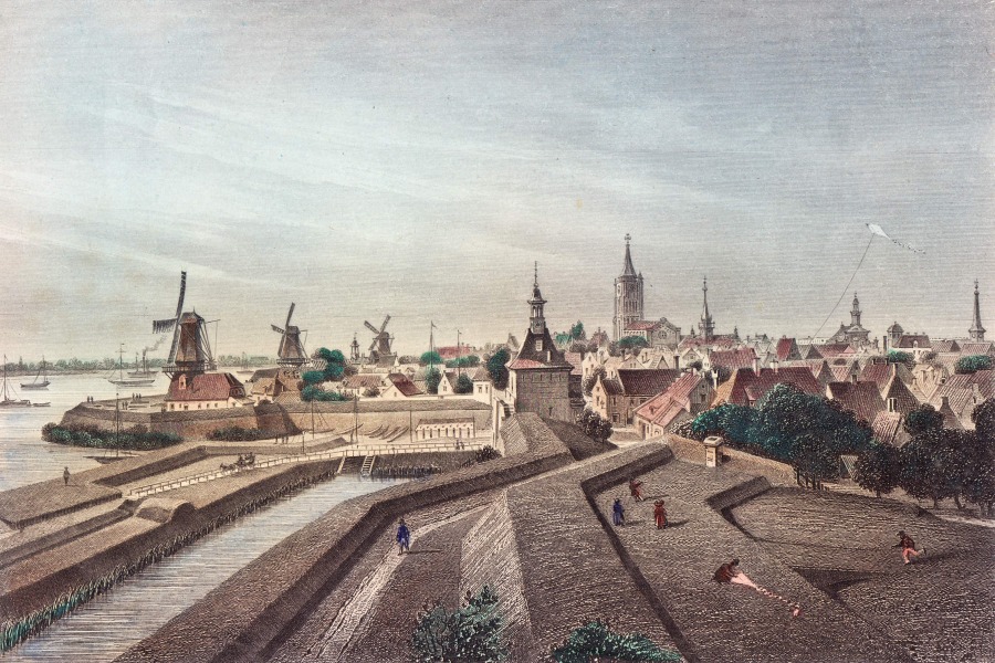 Vestingwerk bij de Dalempoort met de bedekte (beschutte) weg tussen de aarden wallen, G.M. Kurz naar Christian Schüler (1855)