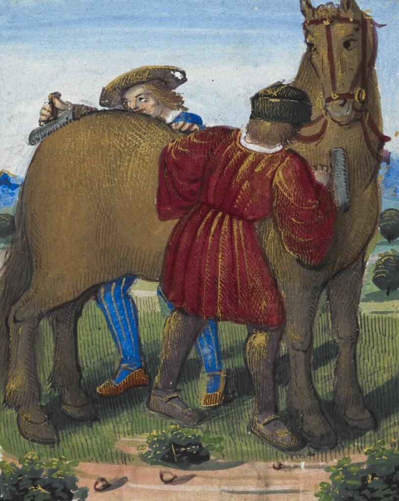 Twee mannen kammen een paard met een roskam, MS Stowe 955 f 11, collectie British Library