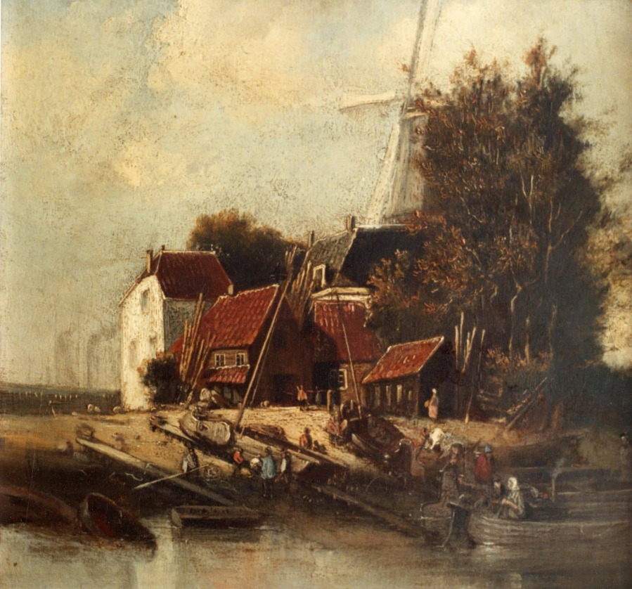 Kromhout, haven met scheepswerf van Hendrik van de Giessen en molen de "Eendracht", anoniem (1814-1873)