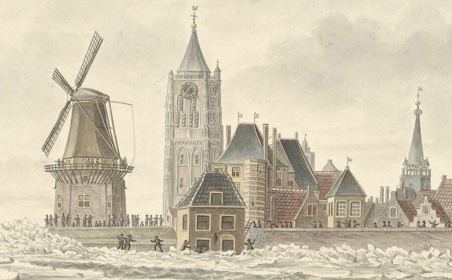 Gezicht van de bezetting van het ijs, tegen den dijk en omkruijing van het steenen wachthuis, buiten de Waterpoort te Gorinchem, den 20.n Februarij 1799