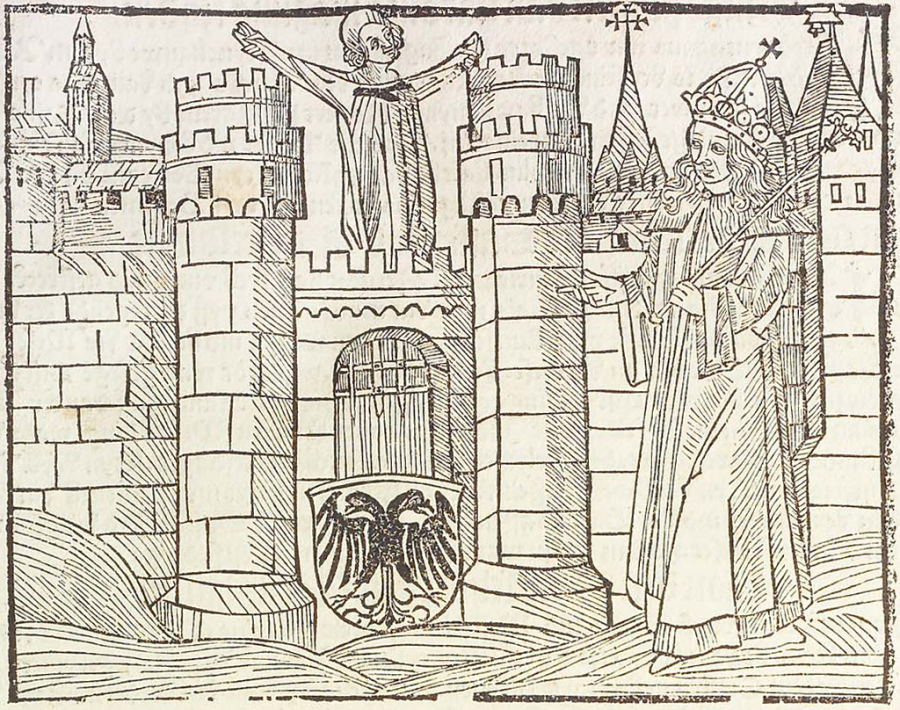 © Herzog August Bibliothek Wolfenbüttel, houtsnede in de Koelfoffsche Chronik (1499) fol. 114. Karel de Grote als stichter van de stad Aken en insteller van de Akense pelgrimage; de engel op de stadsmuur toont het hemd van Maria. Houtsnede uit de Koelfoffsche Chronik (Keulen 1499, facsimile 1972) f. 114.