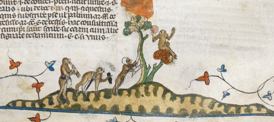 Apen met gestolen handschoenen in de Smithfield Decretals, 1275-1325