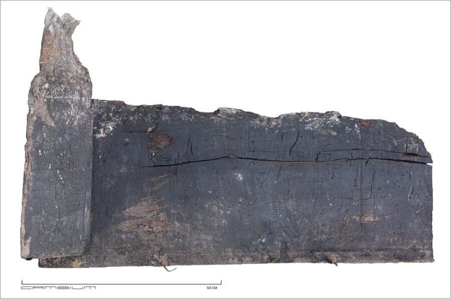Een fragment van een van de planken uit de ‘voorzijde’ van de bekisting van een looikuip (spoor 70) met een hoekpaalank
