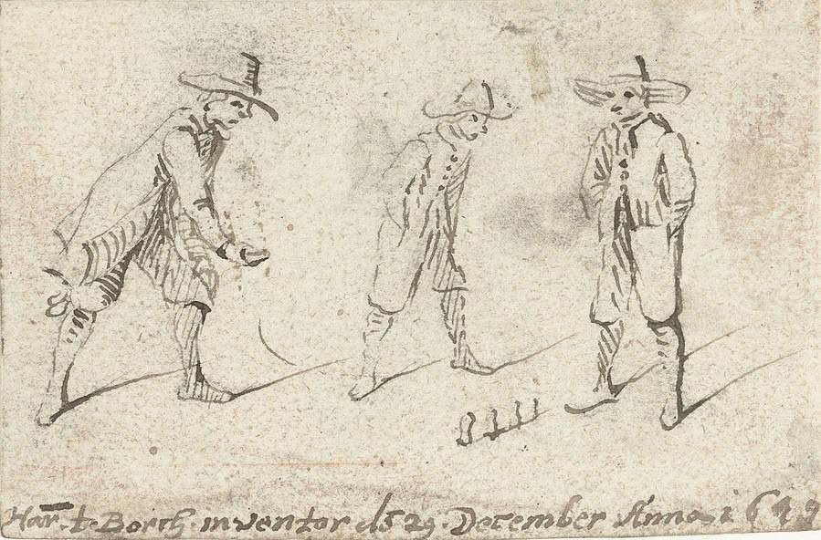 Foto Rijksmuseum Amsterdam Drie jongens spelen het spel koten, Harmen ter Borch, 1649