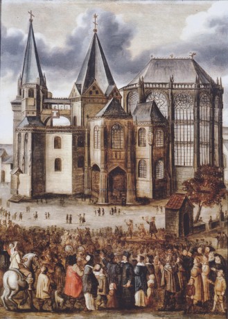 Heiligdomsvaart in Aken (1622). Het kleed van Maria wordt getoond vanaf de galerij tussen de torens.